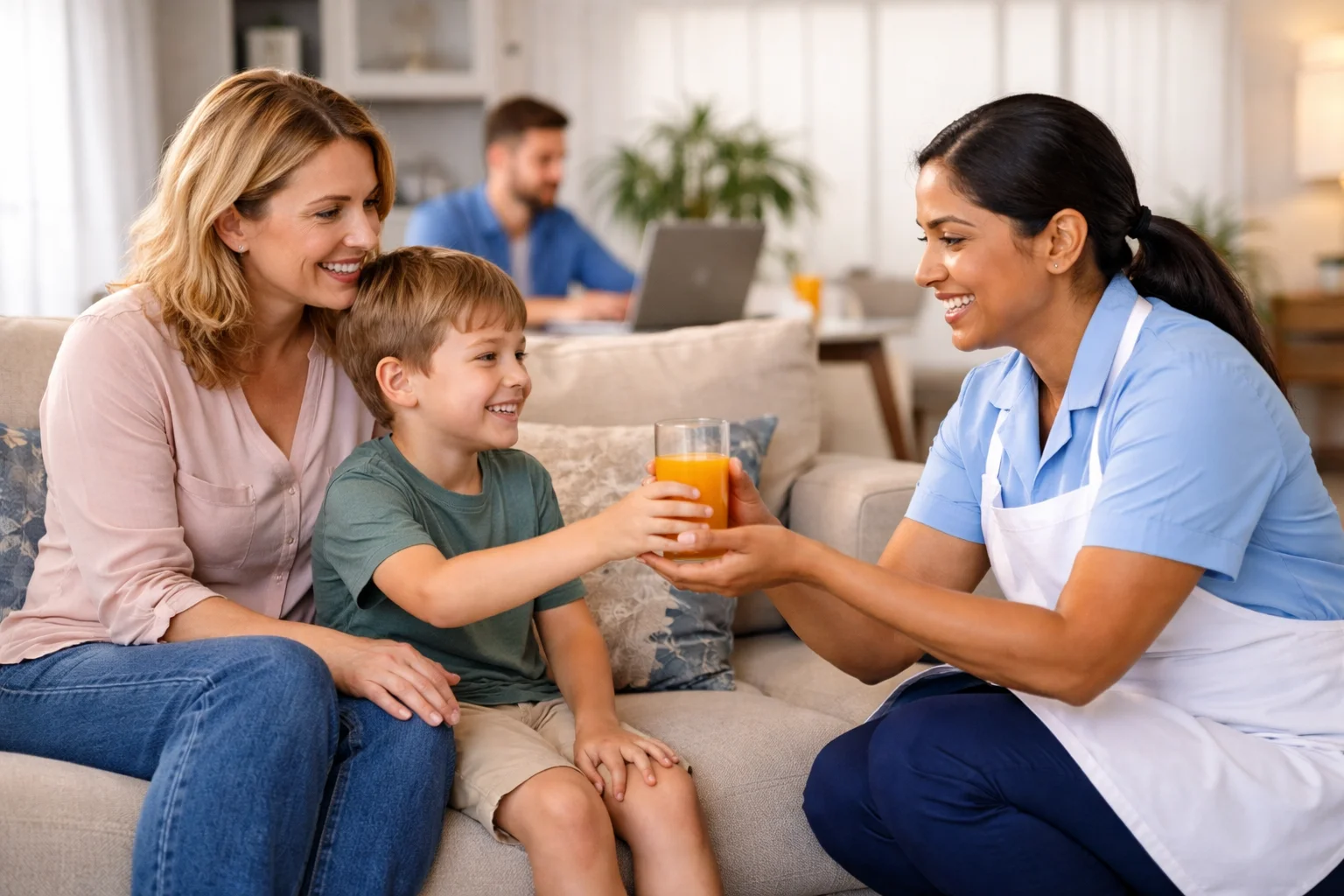 Trusted home support professional assisting a family in a comfortable home setting